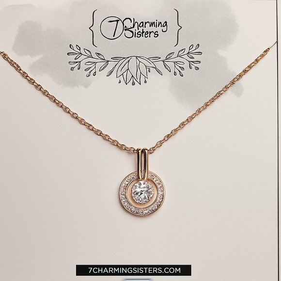 NWT 7 Charming Sisters Rose Gold Crystal Halo Pendant Necklace 16 inches 3 in - Picture 6 of 6